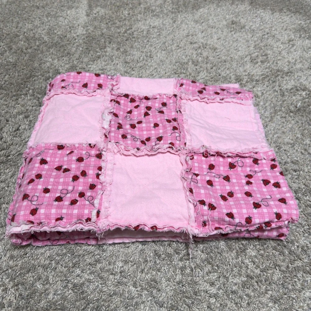 Handmade Baby Girls Cotton Quilt Pink Ladybug Gingham Patchwork Nursery Blanket